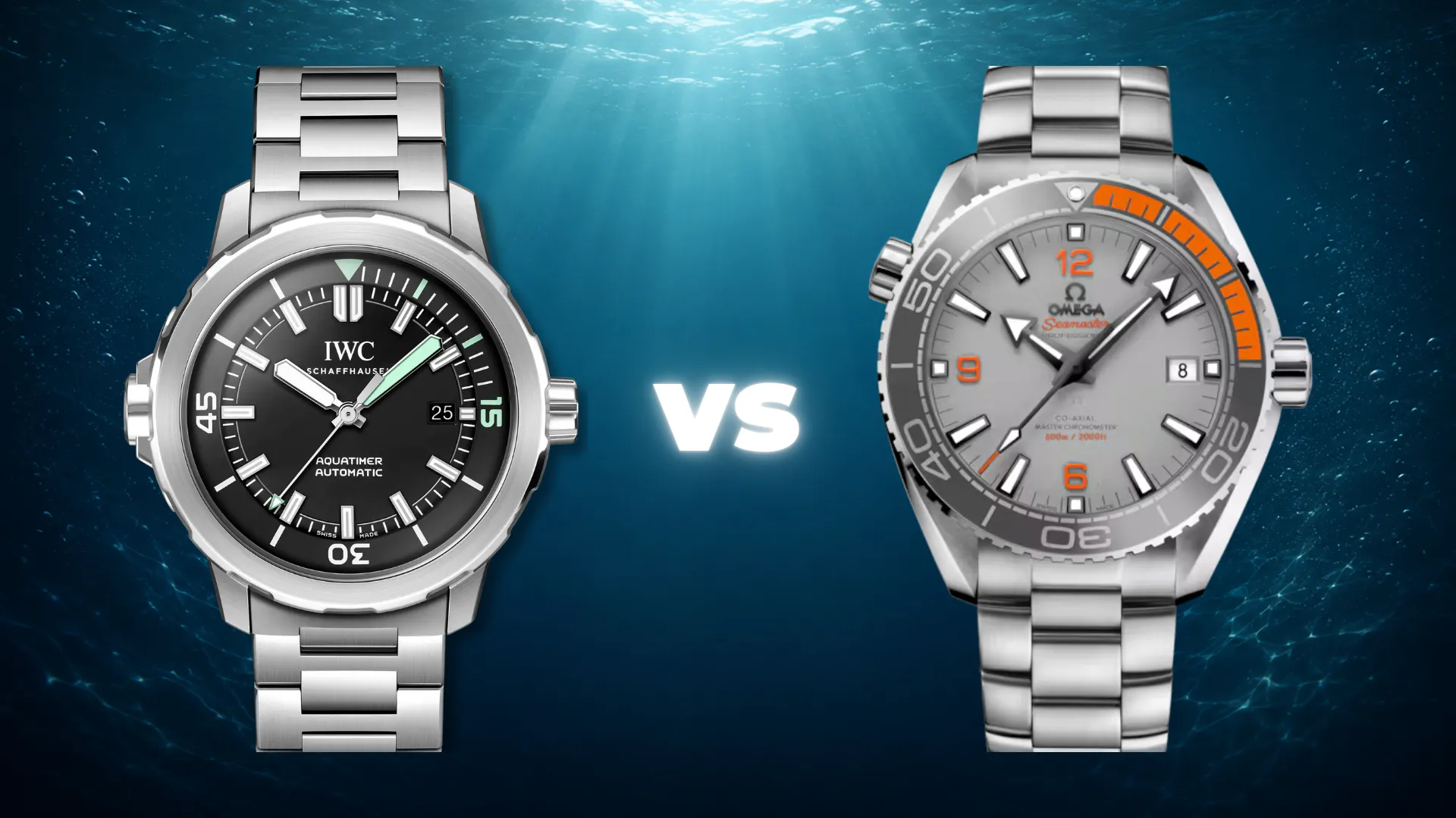 IWC Aquatimer Automatic black dial versus Omega Seamaster Planet Ocean grey dial with orange bezel on underwater blue background