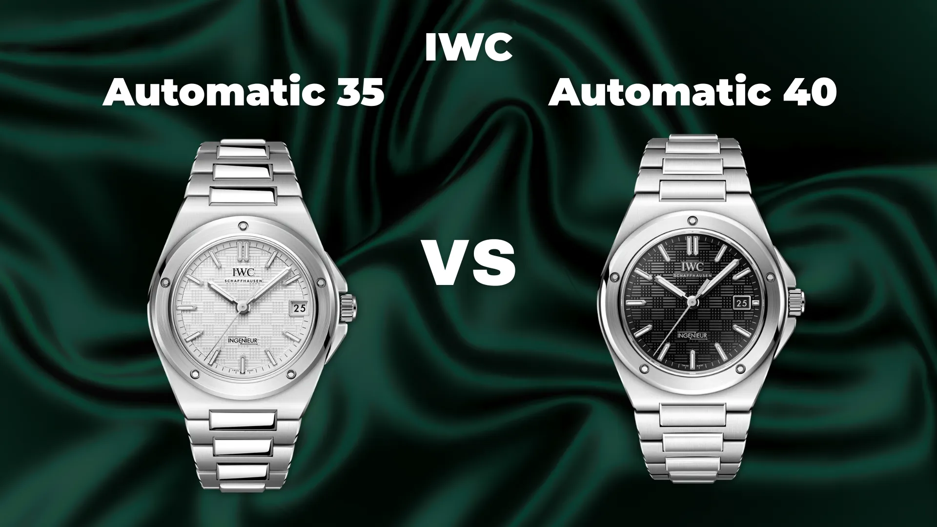IWC Ingenieur Automatic 35 vs Automatic 40 comparison graphic showing two stainless steel watches on a dark green satin background.