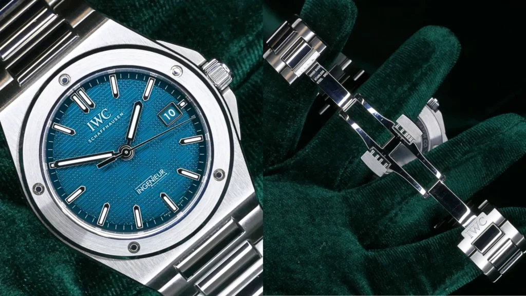 Close-up of IWC Ingenieur with blue grid-textured dial and round bezel with five screws beside integrated steel bracelet on green velvet