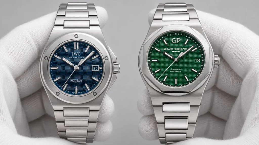 IWC Ingenieur with blue dial and Girard-Perregaux Laureato with green dial held side by side in white-gloved hands