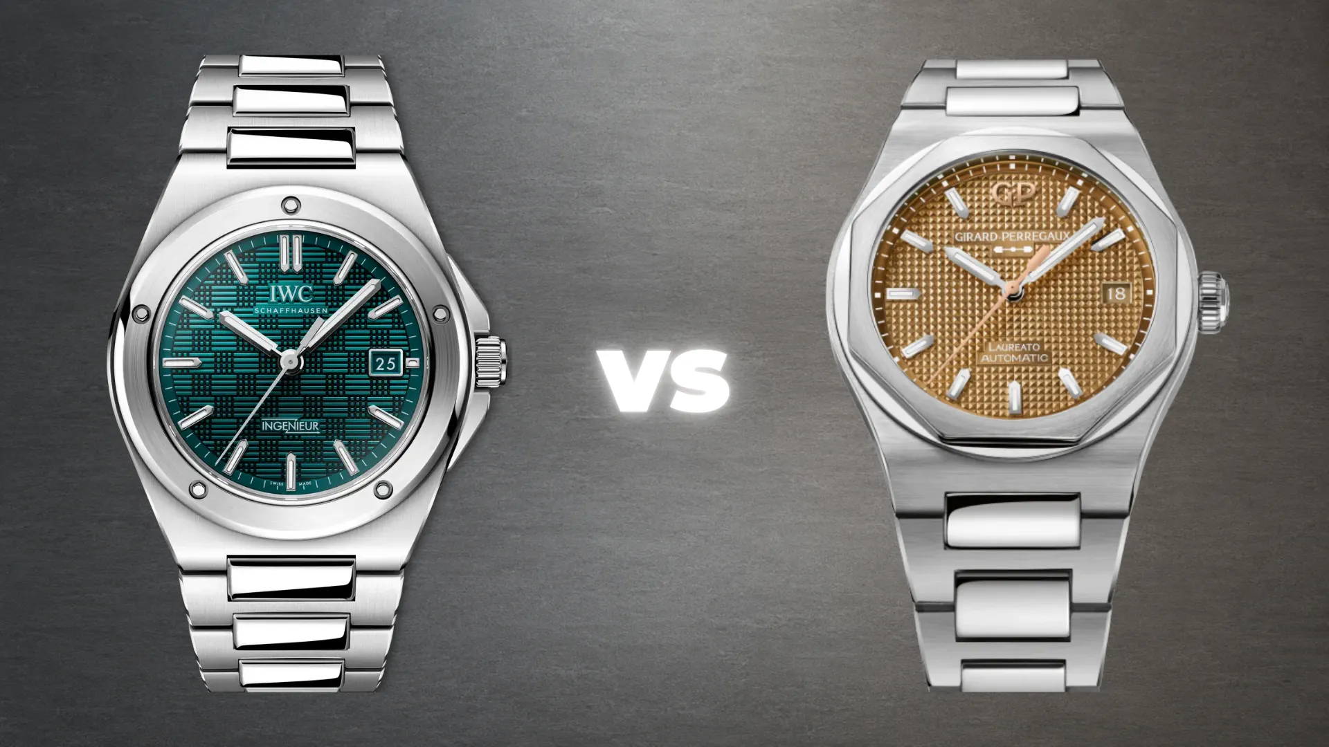 IWC Ingenieur green dial versus Girard-Perregaux Laureato copper Clous de Paris dial comparison on dark grey background
