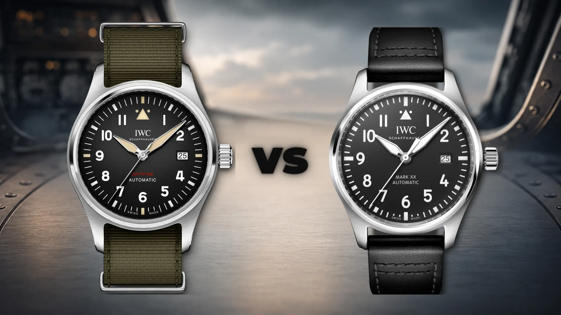 IWC Pilot's Spitfire on green NATO strap versus IWC Mark XX on black leather strap with cockpit background