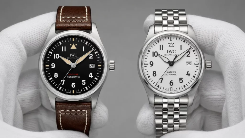 IWC Pilot's Spitfire with black dial on brown leather and IWC Mark XX with white dial on steel bracelet held side by side in white-gloved hands