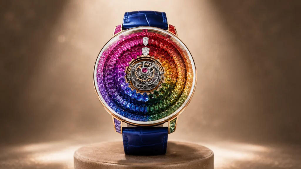 Jacob & Co. Astronomia Rainbow rose gold watch with concentric rings of rainbow gemstones and central tourbillon on blue alligator strap