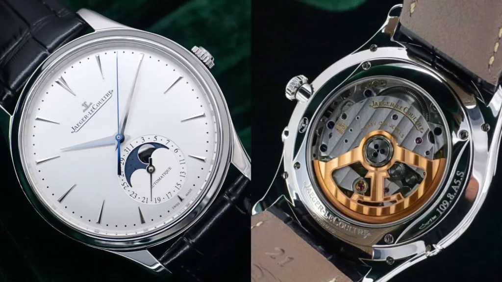 Jaeger-LeCoultre Master Ultra Thin Moon with silver dial and black leather strap beside a close-up of its gold-rotor movement