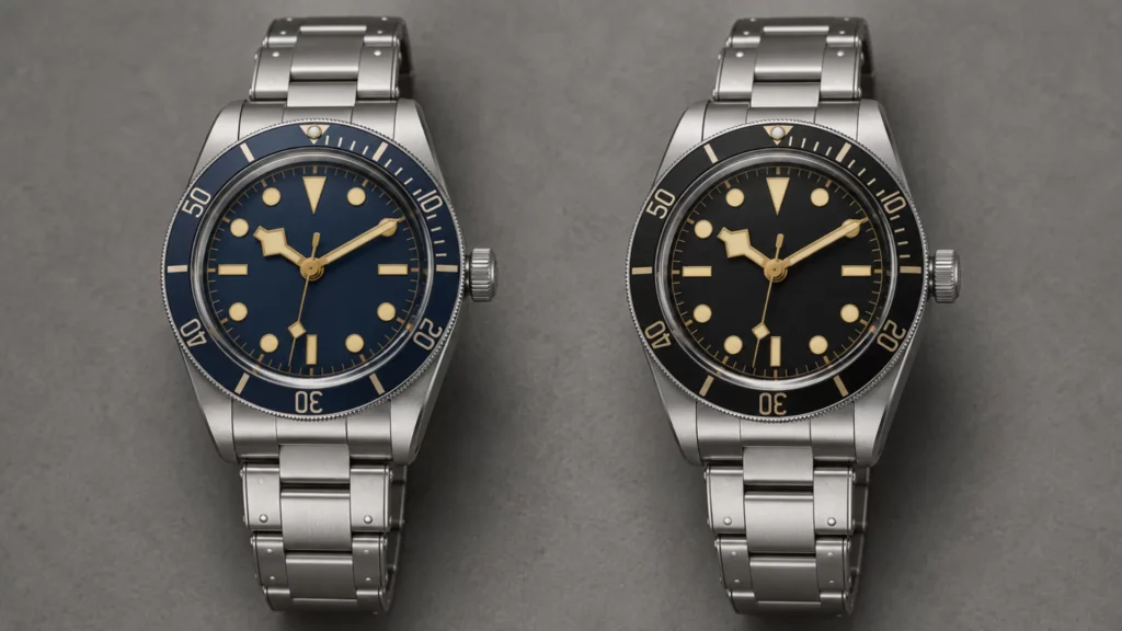 Two Tudor Black Bay watches side by side: navy blue dial and bezel versus black dial and bezel on steel bracelets