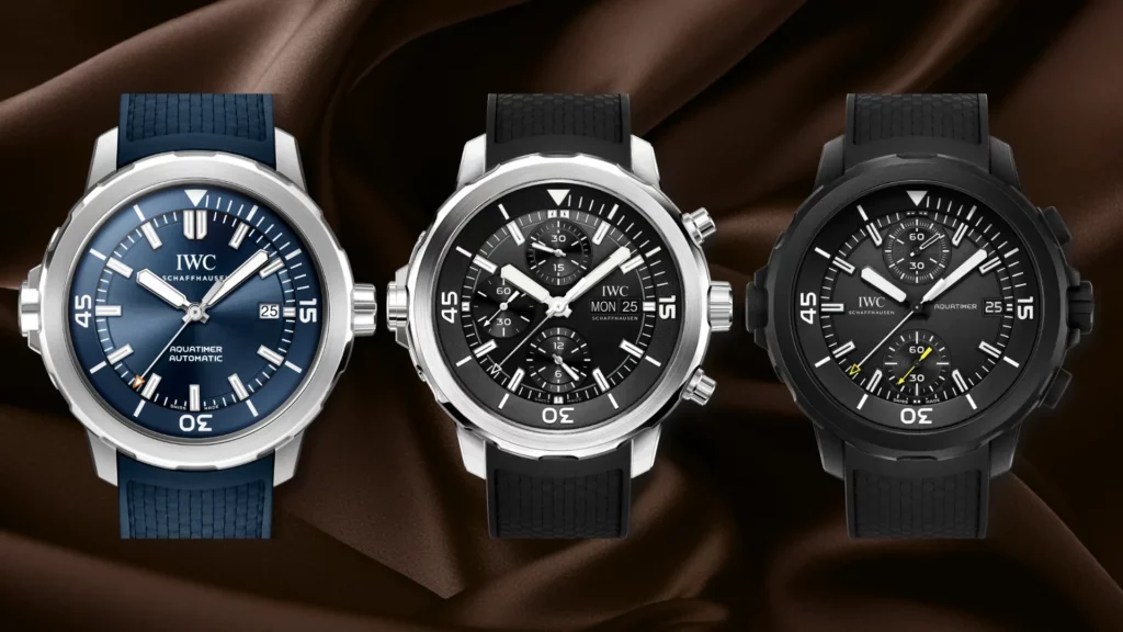 Three IWC Aquatimer references: blue dial automatic, black dial chronograph, and black DLC chronograph on brown silk