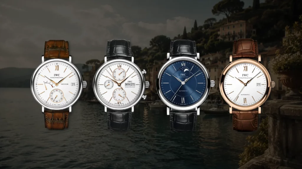 Notable IWC Portofino references displayed over a dark Portofino harbour background, showing dress watches with leather straps and varied dial styles.