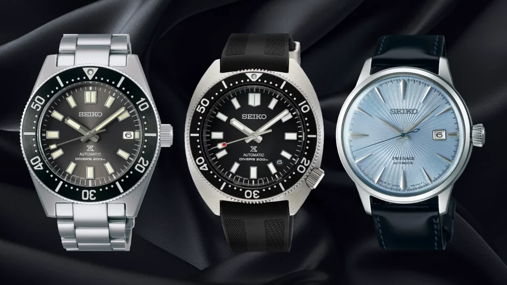 Three Seiko references: Prospex 62MAS SPB143, Captain Willard SPB153, and Presage Cocktail SRPB43 on black silk