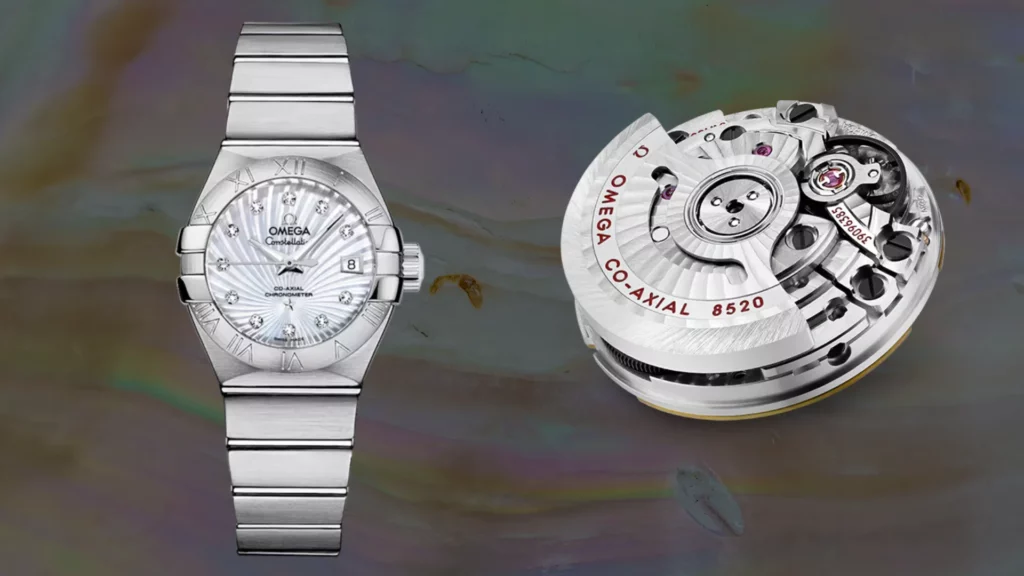 Omega Constellation watch with white mother of pearl dial and diamond markers beside an Omega Co-Axial 8520 movement