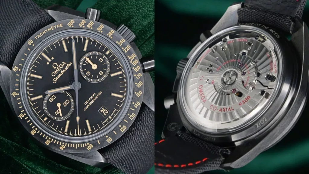 Close-up of Omega Speedmaster Dark Side of the Moon black ceramic chronograph beside Co-Axial 9300 movement caseback on green velvet