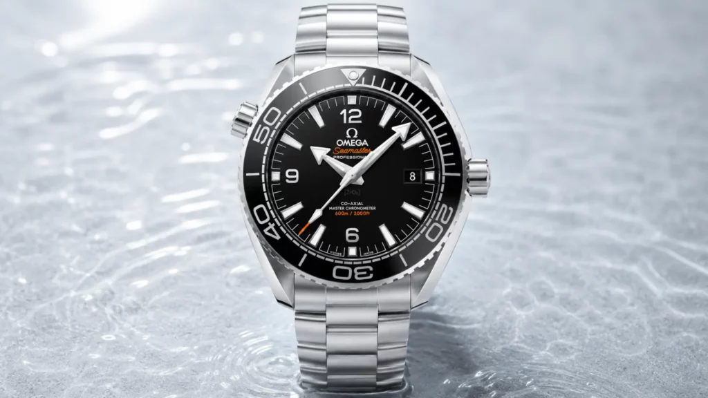 Omega Seamaster Planet Ocean 600M with black dial and ceramic bezel on steel bracelet in shallow water