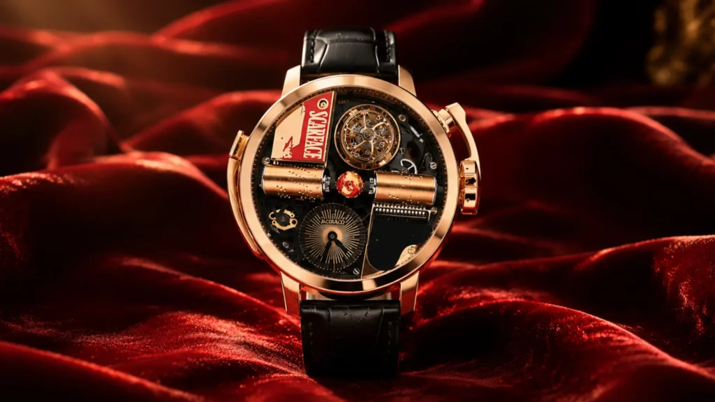 Jacob & Co. Opera Godfather rose gold watch with tourbillon and music cylinder mechanism on red velvet background