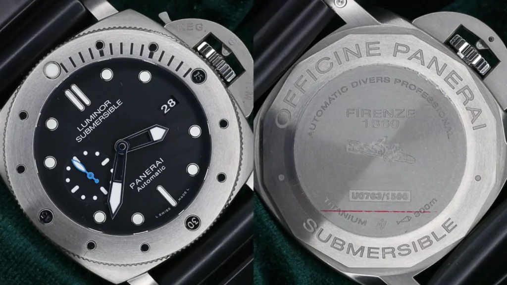 Panerai Luminor Submersible with black dial and titanium case beside a close-up of its engraved caseback