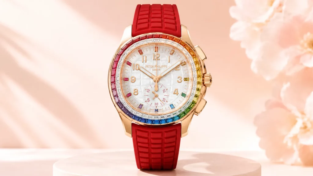 Patek Philippe Aquanaut Luce rose gold chronograph with rainbow baguette bezel and mother-of-pearl dial on red rubber strap