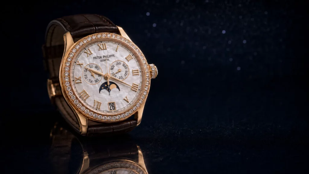 Patek Philippe Annual Calendar 4936 in yellow gold with mother of pearl dial, diamond bezel, moon phase, and brown alligator strap on a navy background
