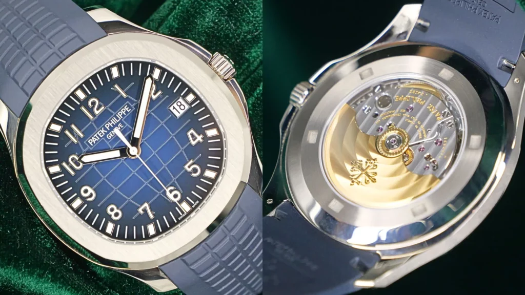 Patek Philippe Aquanaut with blue embossed dial and rubber strap beside a close-up of its gold-rotor movement