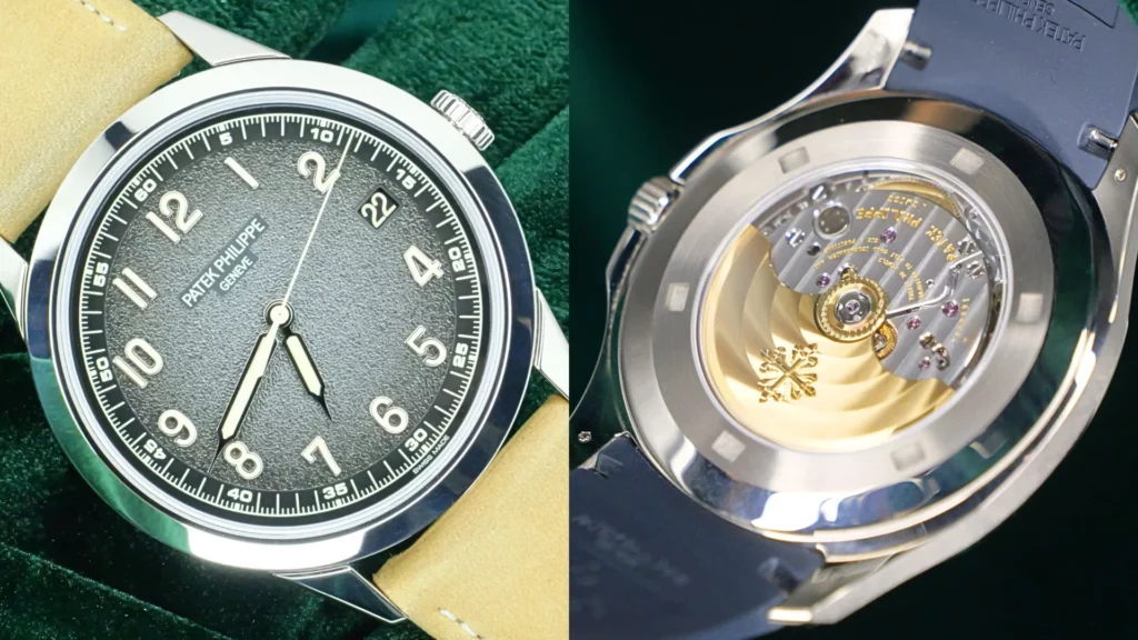 Patek Philippe Calatrava with grey dial and beige leather strap beside a close-up of its gold-rotor movement