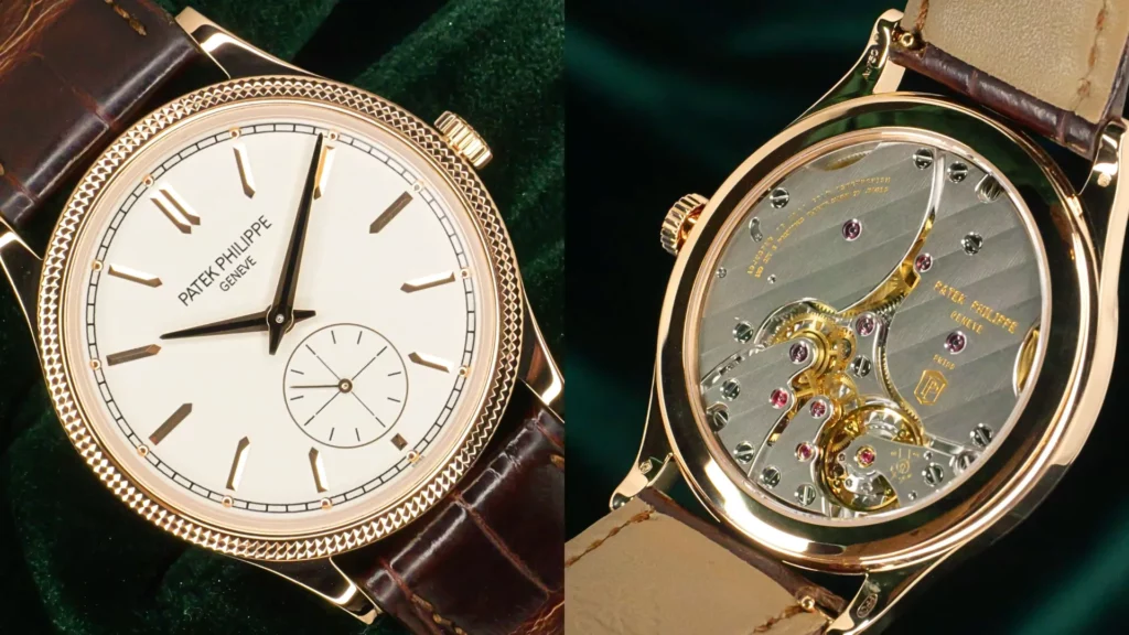 Close-up of Patek Philippe Calatrava rose gold with white dial, small seconds, and hobnail bezel beside exhibition caseback showing manual movement on green velvet
