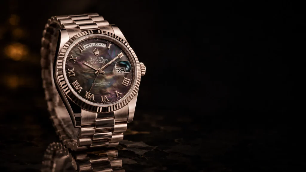 Rolex Day-Date with dark Tahitian mother of pearl dial, Roman numerals, fluted bezel, and President bracelet on a moody black background