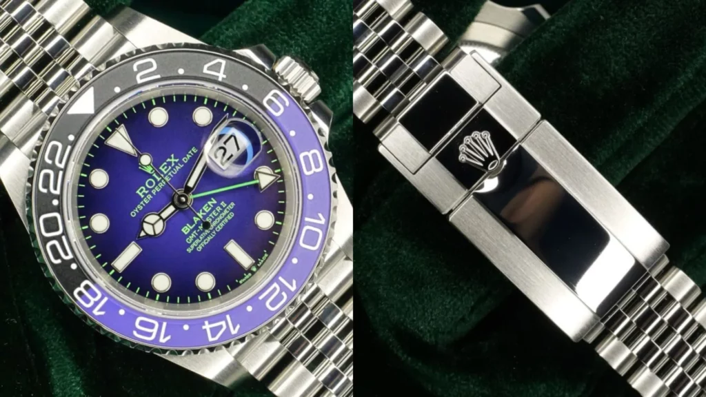 Blaken-customized Rolex GMT-Master II with purple dial and black-purple bezel on Jubilee bracelet beside a close-up of its crown clasp