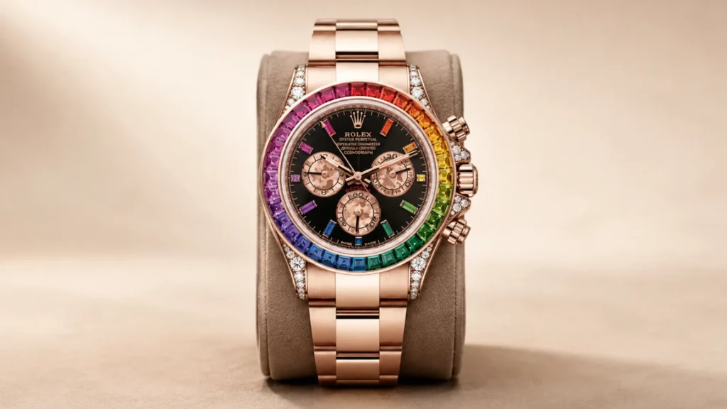 Rolex Daytona Rainbow Everose gold with rainbow sapphire bezel, black dial, and rose gold subdials on Oyster bracelet