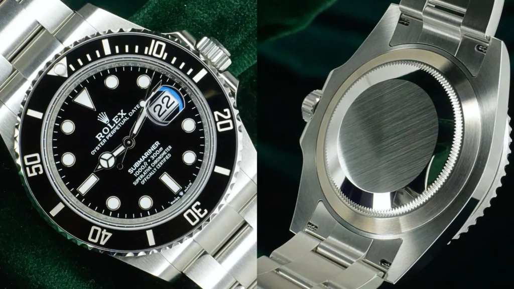 Close-up of Rolex Submariner Date 126610LN with black dial and ceramic bezel beside Oyster bracelet clasp on green velvet