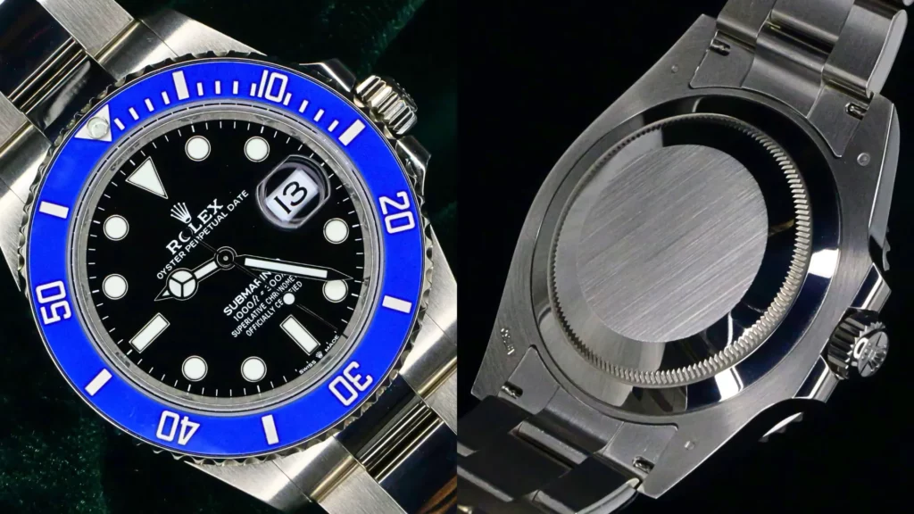 Rolex Submariner with black dial and blue 'Cookie Monster' bezel beside a close-up of its solid caseback