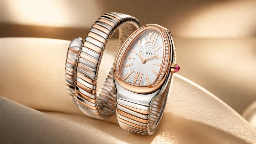 Bvlgari Serpenti Tubogas two-tone rose gold and steel coiled bracelet watch with diamond bezel and silver dial on cream background