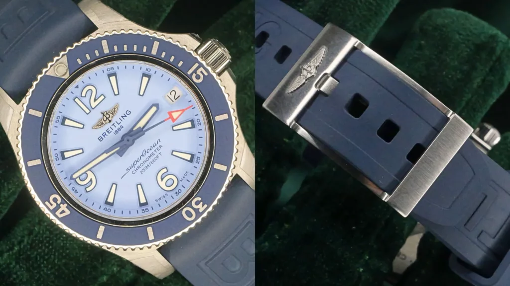 Breitling Superocean 36 with light blue dial and blue bezel beside a close-up of its blue rubber strap with signed buckle
