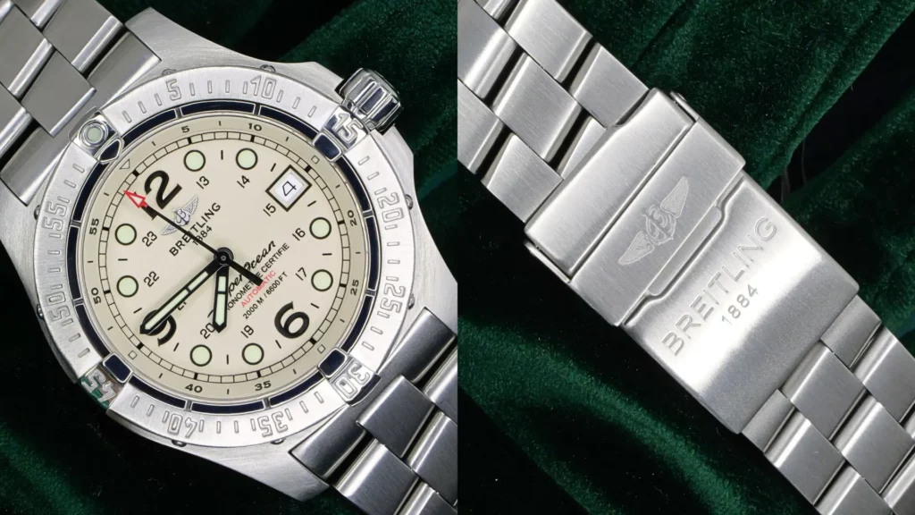 Breitling Superocean Steelfish 44 with cream dial and steel bracelet beside a close-up of its signed clasp