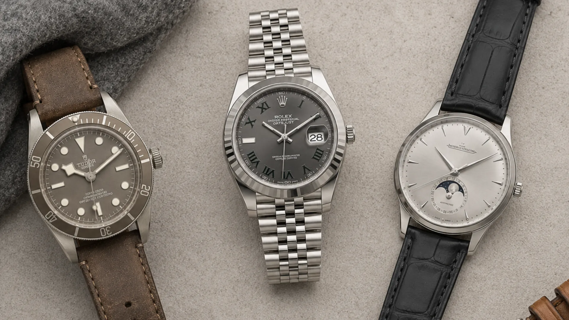 Three grey dial watches: Tudor Black Bay on brown leather, Rolex Datejust on steel, and Jaeger-LeCoultre on black leather