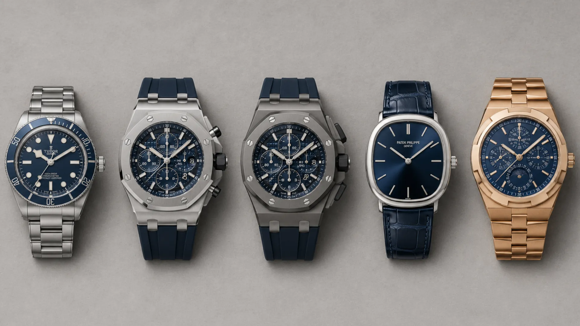 Five navy blue dial watches: Tudor Black Bay 58, AP Royal Oak Offshore steel and titanium, Patek Philippe Golden Ellipse, and Vacheron Constantin Overseas on grey background