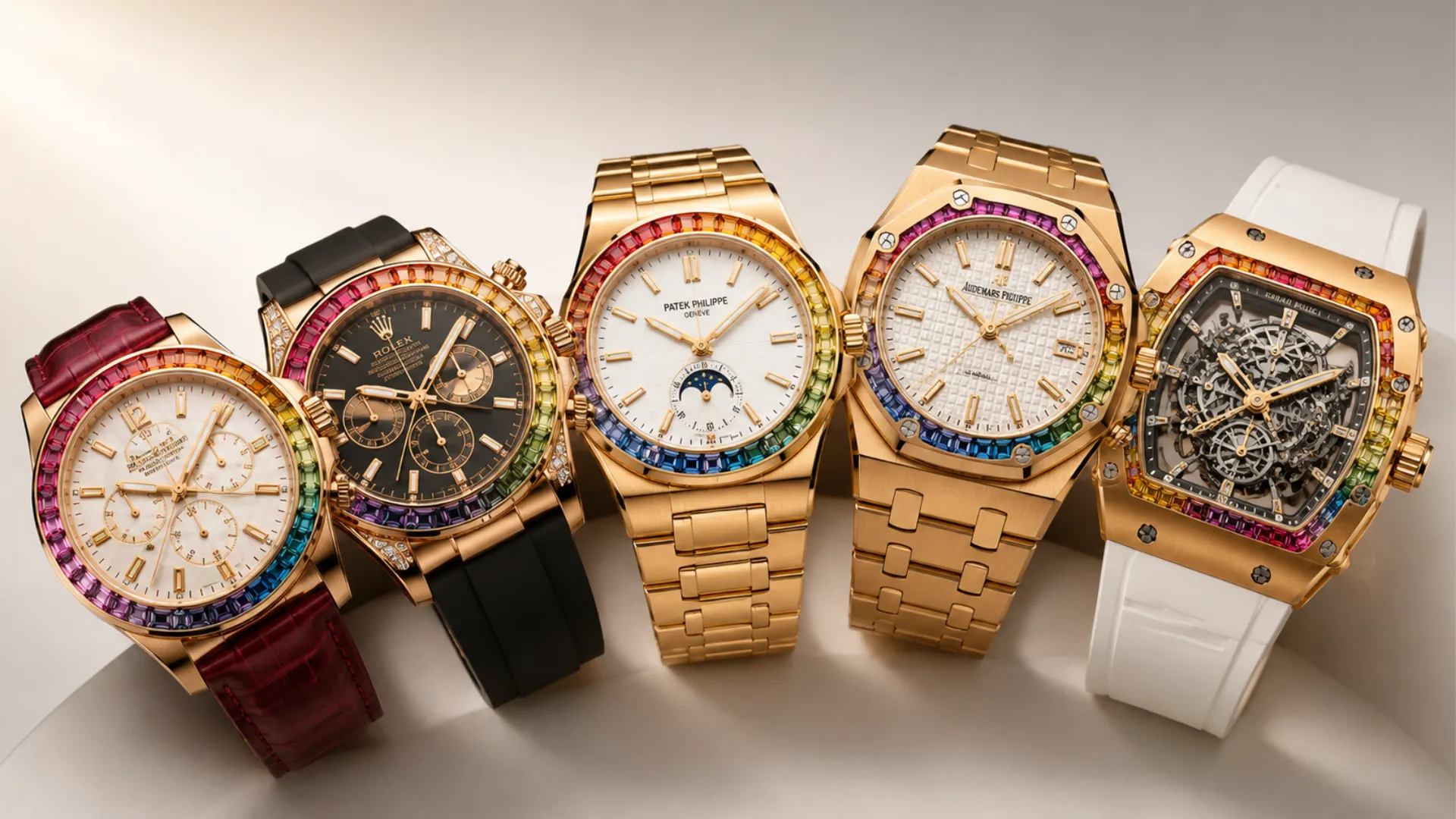 Five rainbow watches lined up: Patek Philippe Aquanaut Luce, Rolex Daytona Rainbow, Patek Philippe Nautilus, Audemars Piguet Royal Oak, and Richard Mille skeleton