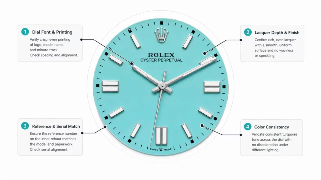 How to spot a fake Tiffany blue Rolex dial — authentication checklist showing dial printing, color, and serial checks 
