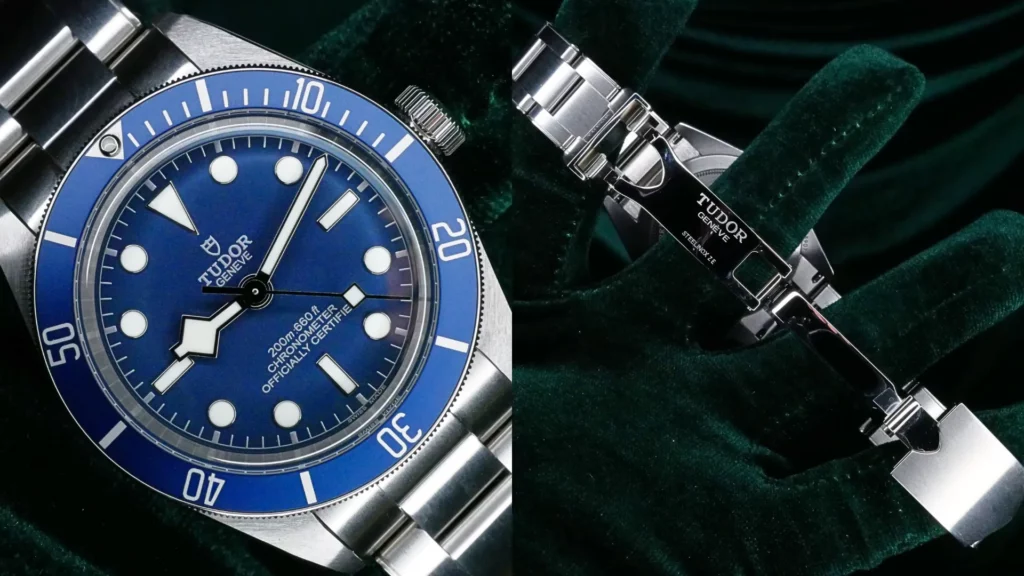 Tudor Black Bay 58 with navy blue dial and bezel beside a close-up of its signed steel folding clasp