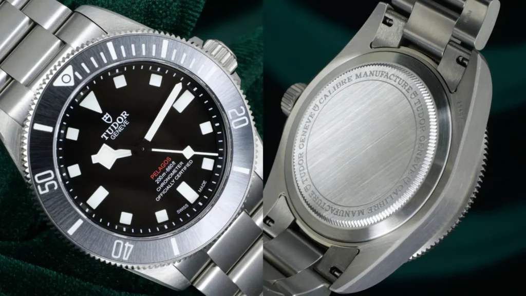 Tudor Pelagos 39 with black dial and titanium bracelet beside a close-up of its engraved caseback