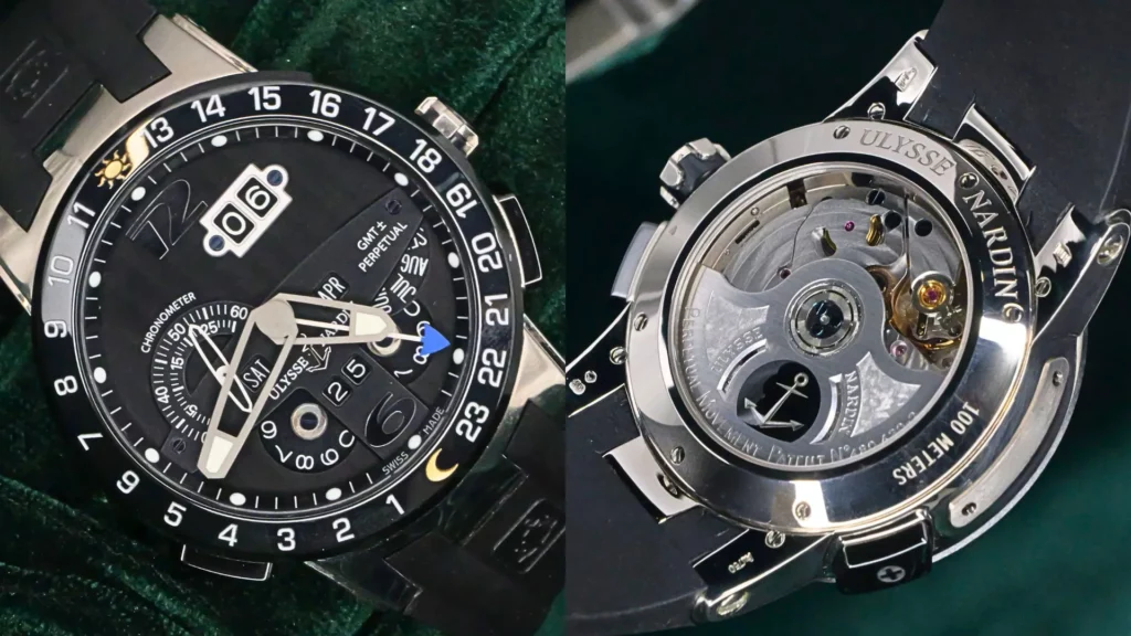 Ulysse Nardin El Toro GMT Perpetual Calendar with black dial and rubber strap beside a close-up of its movement