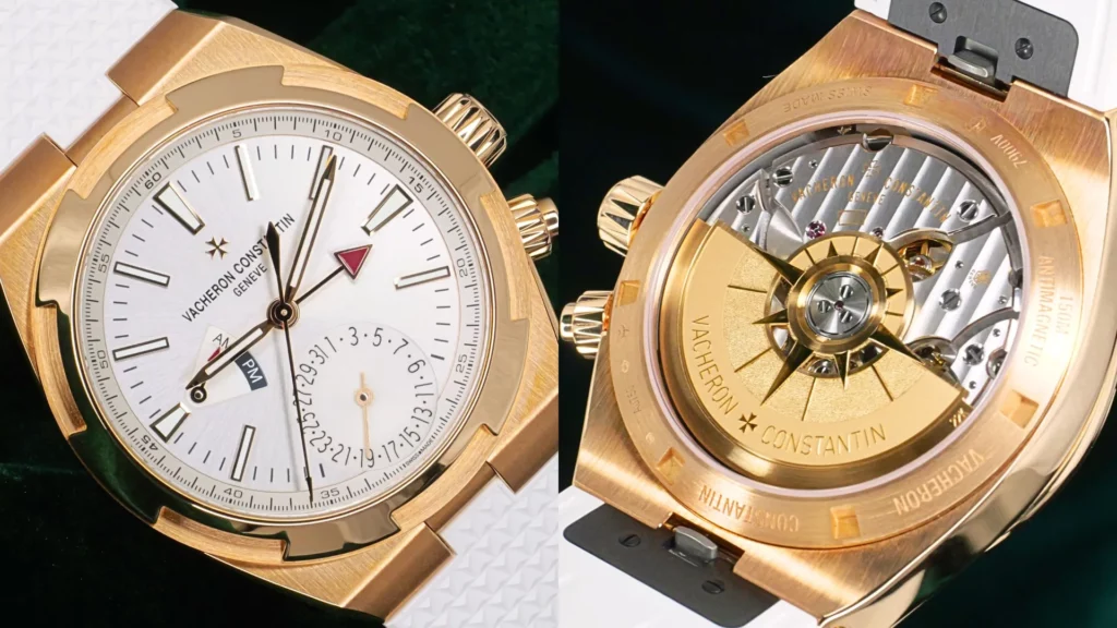 Close-up of Vacheron Constantin Overseas Dual Time rose gold with silver dial, AM/PM indicator beside exhibition caseback showing Maltese cross rotor on white rubber strap