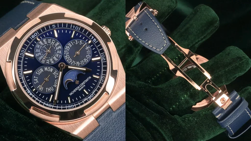 Vacheron Constantin Overseas Perpetual Calendar with blue dial and rose gold case beside a close-up of its blue leather strap and gold clasp