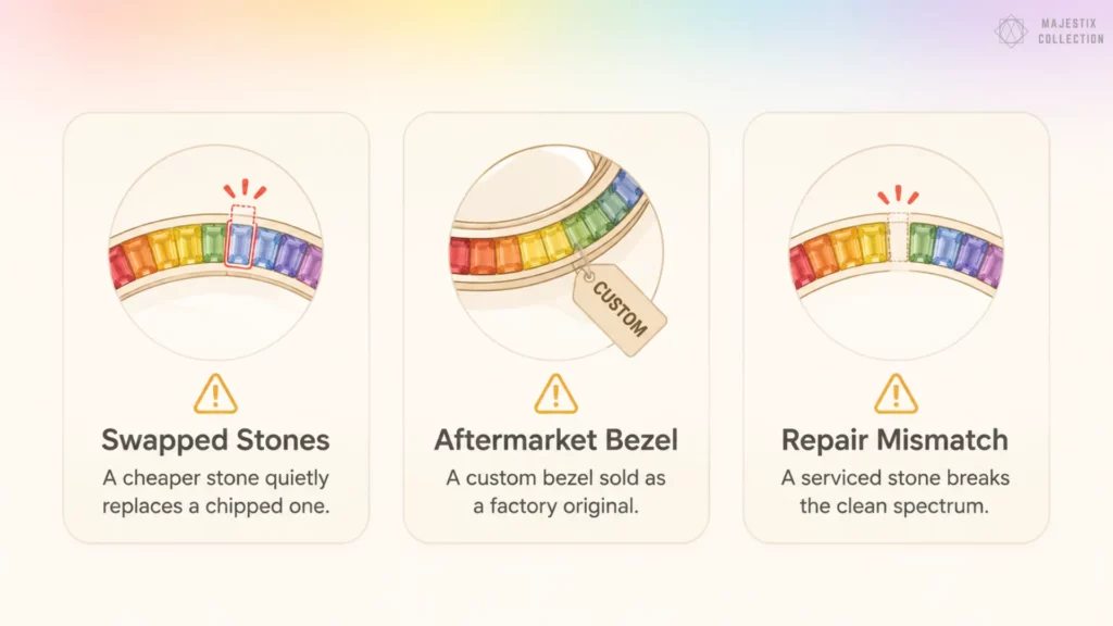 Infographic showing three rainbow watch risks: swapped stones, aftermarket bezel, and repair mismatch on pastel rainbow background