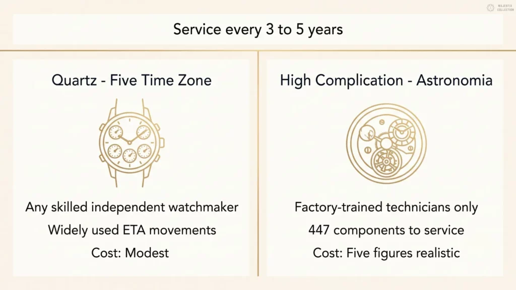 Infographic comparing Jacob & Co. service costs: Quartz Five Time Zone with modest cost versus Astronomia high complication with five-figure cost