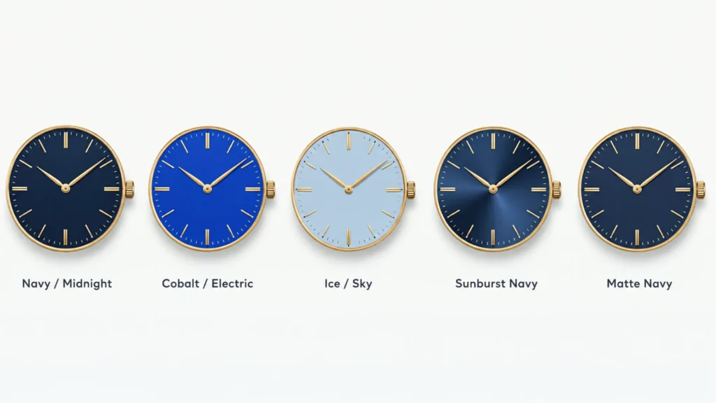 Five blue dial shades compared: Navy/Midnight, Cobalt/Electric, Ice/Sky, Sunburst Navy, and Matte Navy