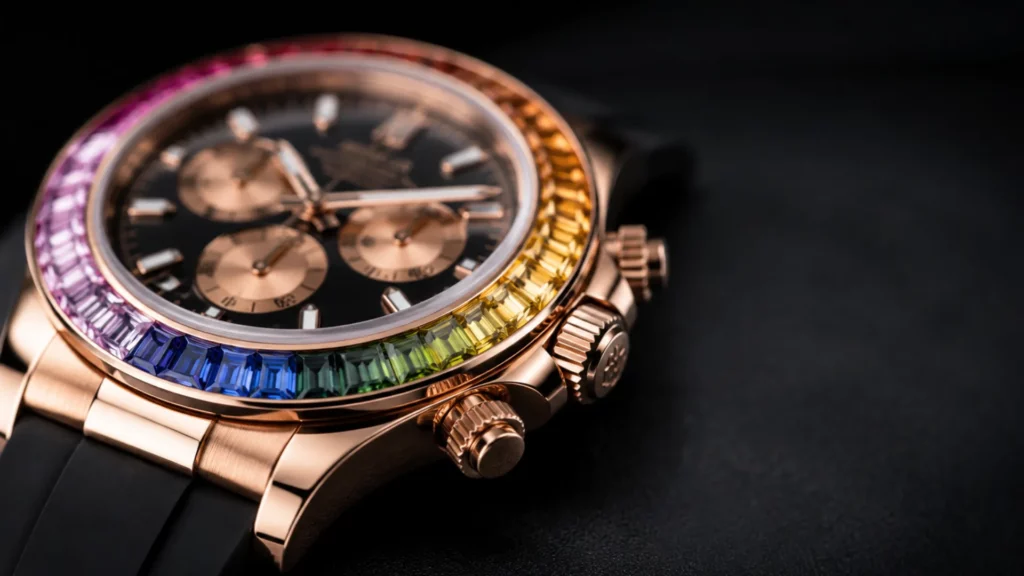 Close-up of Rolex Daytona Rainbow Everose gold with baguette-cut rainbow sapphire bezel and black dial with rose gold subdials
