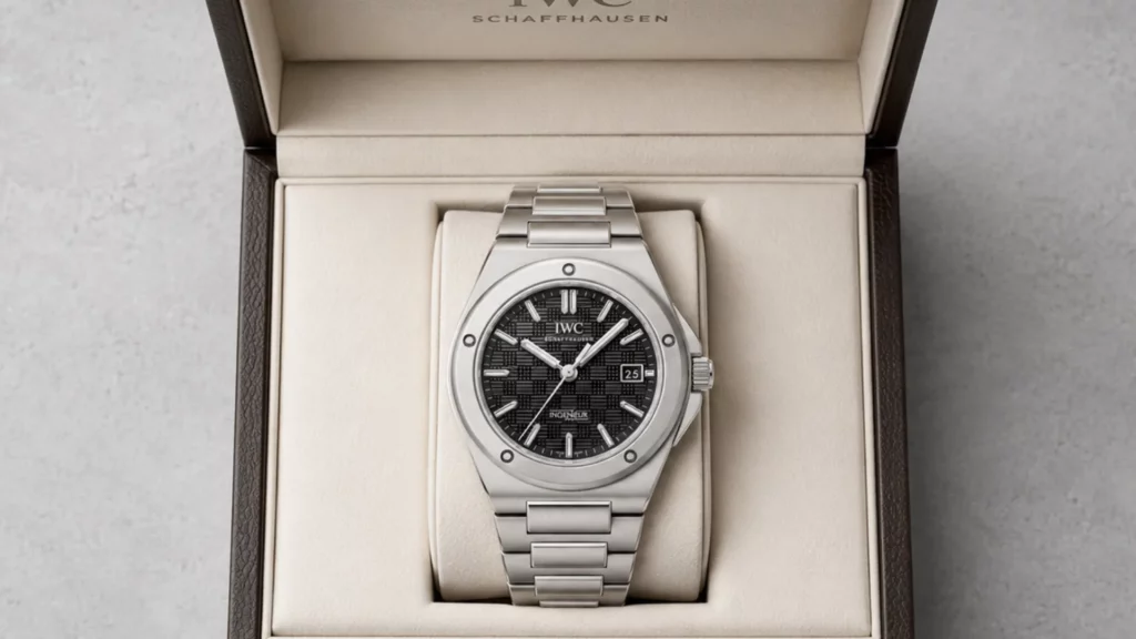 IWC Ingenieur with black grid-textured dial and integrated steel bracelet in cream-lined IWC Schaffhausen presentation box
