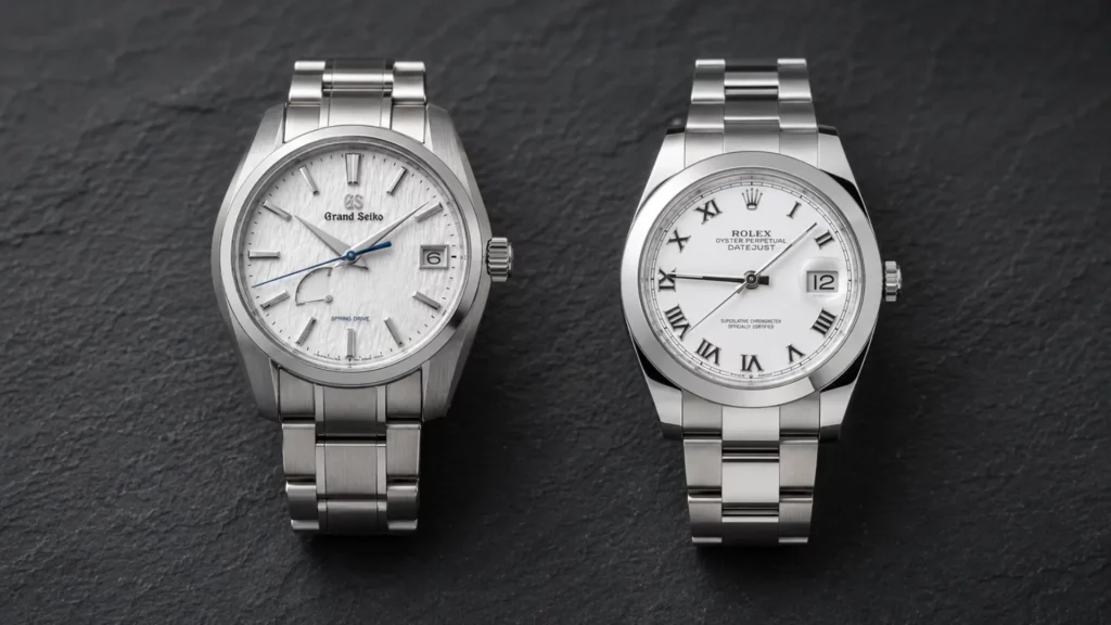 Grand Seiko Snowflake SBGA211 and Rolex Datejust shown side by side on a dark slate surface for a luxury watch comparison.