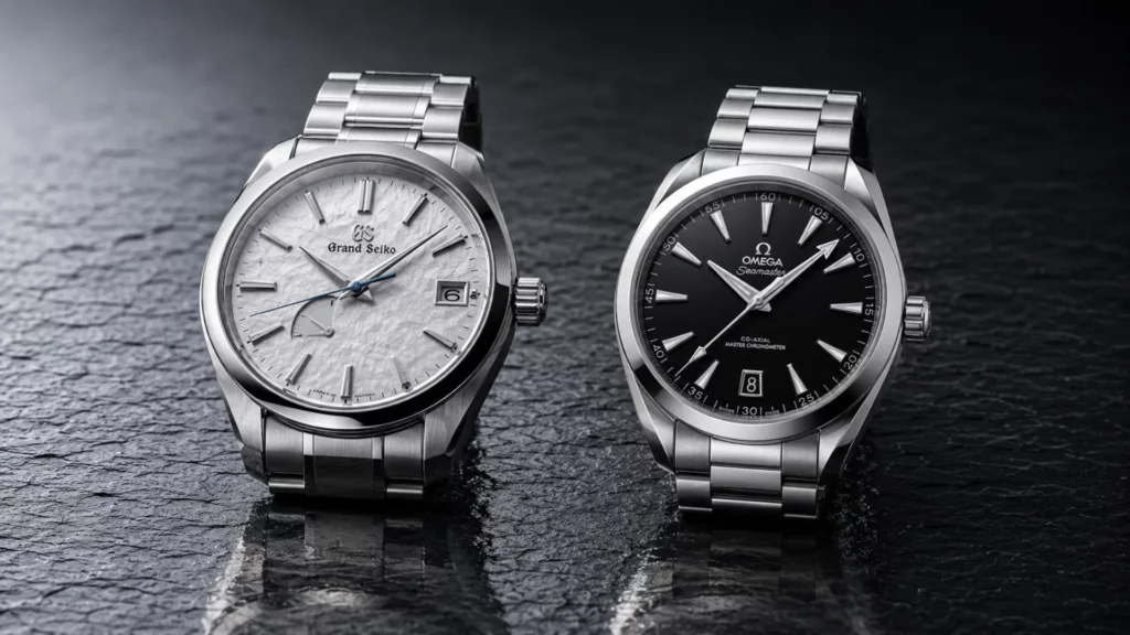 Grand Seiko Snowflake and Omega Seamaster Aqua Terra watches shown side by side on a dark textured surface.