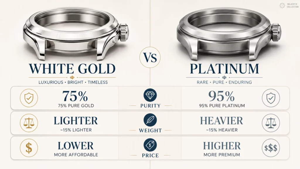 White gold versus platinum comparison: purity, weight, and price shown side by side with two watch cases