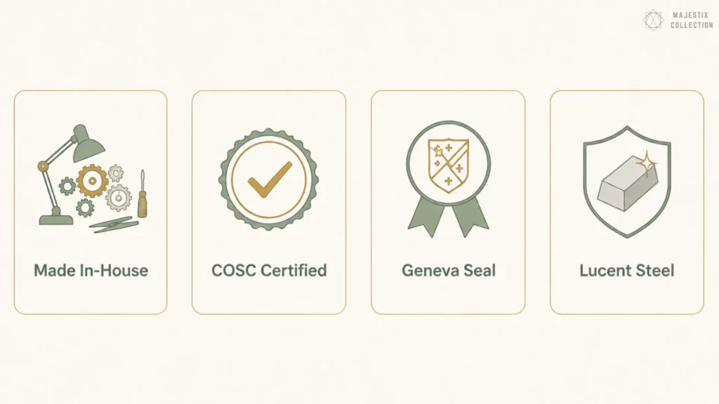 Four value factors: Made In-House, COSC Certified, Geneva Seal, and Lucent Steel