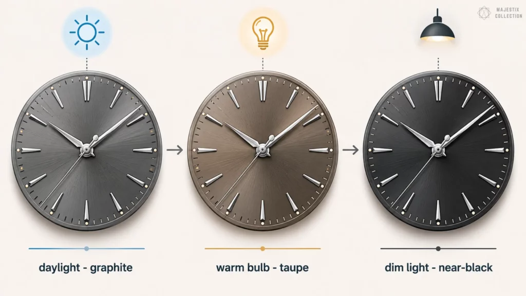 Same grey dial shown in three lighting conditions: daylight graphite, warm bulb taupe, and dim light near-black